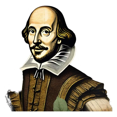 Shakespeare made of newspaper cuttings handwriting 420 hemp roses flowers plants leaves dragonfly mulberries Italy sticker