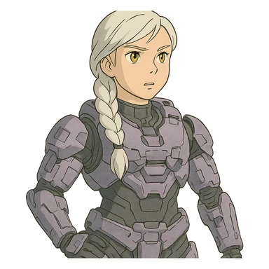 female, wearing reach spartan armor default, long white braid hair, gold yellow eyes, attention pose, halo series, no helmet, the armor is lavender color scheme and has no shoulder pad attachments sticker