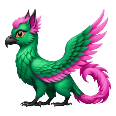 Emerald-green gryphon with a long tufted tail, black beak, pink swirly pattern markings, black claws, black tail, majestic, realistic, furry (full body) sticker