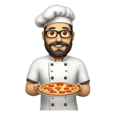 Dark haired chef with beard and big dark glasses holding a slice of pizza sticker
