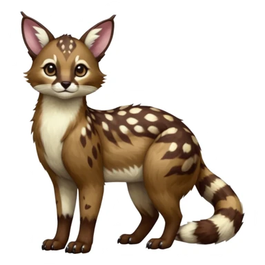 Colorful dark realistic chocolate-brown tropical beige fur glorious divine exotic cute cool beautiful shiny beautiful fantasy-Furret-Eevee-caracal-civet-genet-sergal-vernid-Cacomistle-oncilla-animal-Fakémon-hybrid-fursona with white deer-spots pattern markings (full body) sticker