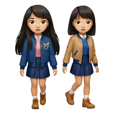 black color long hair with fringe, light skin long hair girl with brown varsity jacket,  navy long long skirt walking

 sticker