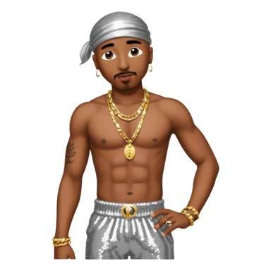 Tupac with silver sequin harem pants, shirtless with necklace sticker