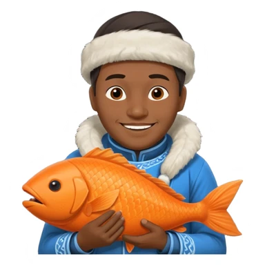 inuit man with traditional inuit clothes and orange fish sticker