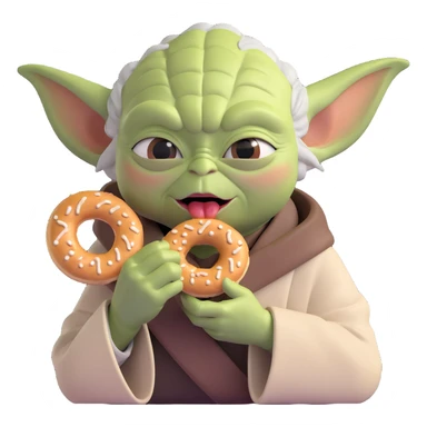 Yoda biting a big simit in a fun pose, simple background sticker