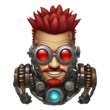 Round cyborg head with red Mohawk, red beard. silver steampunk monocle goggles a smile and circuits sticker