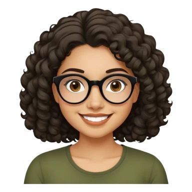 Young Latina woman with light tan skin. Round friendly face with dimples when smiling. Dark brown eyes behind black-framed glasses. Thick arched eyebrows. Shoulder-length curly voluminous hair. Big smile. Wearing an olive green top. sticker