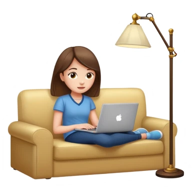 A girl is working with a laptop while lying on a sofa, with a floor lamp to the right. sticker