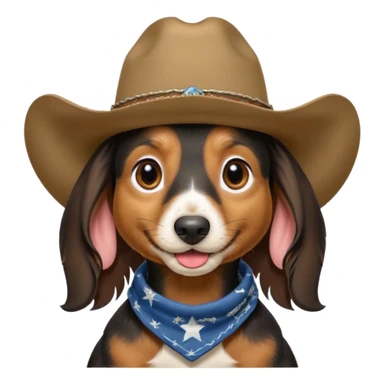 mostly black with some brown long hair daschund with a cowboy hat, ears curl out a bit and bandana and tongue slightly out sticker