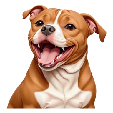 Cinematic Cute Yawning Red/Fawn Staffordshire Bull Terrier Portrait Emoji, Head tilted slightly with a dramatic, wide-open yawn, showcasing a smooth red/fawn Fur with crisp white accents, floppy ears slightly drooping, round dark eyes barely open in drowsy contentment, Simplified yet irresistibly adorable features, highly detailed, glowing with a soft, cozy glow, high shine, relaxed yet expressive, stylized with a touch of whimsy, bright and endearing, soft glowing outline, capturing the essence of a sleepy yet affectionate guardian, so drowsy it feels like it could stretch right out of the screen and curl up for a nap! sticker