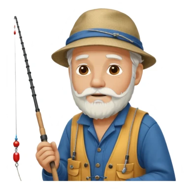 an old white haired, bearded man in fisherman attire, sat in a big boat on the ocean, casting a fishing line into the water sticker