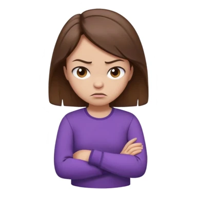 Angry Pouty girl with small squinted eyes folding arms in a purple longsleeve shirt she has fair skin and brown hair sticker