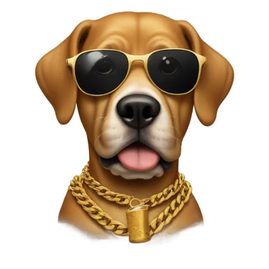 Dog with sunglasses and a cigar in his mouth, wearing a gold chain as a collar sticker