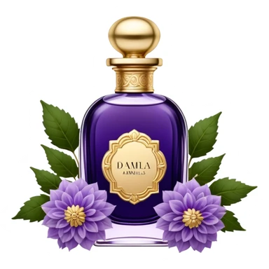 A dark amethyst vintage French-style perfume bottle with intricate golden detailing rests elegantly on an antique vanity. Surrounding it, delicate periwinkle dahlias and soft lavender sprigs add a touch of romantic charm. The glass reflects a warm glow from a nearby candle, enhancing its deep violet hues. The scent of aged vanilla and floral notes lingers in the air, evoking an aura of timeless elegance. sticker