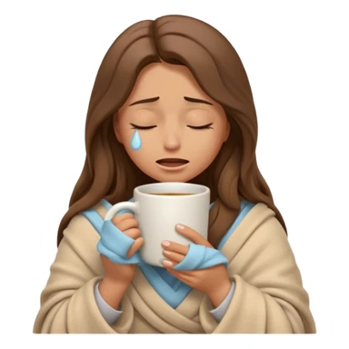 emoji-style illustration of a crying relaxed woman with long wavy brown hair, wrapped in a cozy beige blanket, holding a mug cup, eyes closed, sad and a bit anxious expression, soft 3D cartoon rendering, warm and comforting mood, plain background
 sticker
