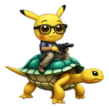 Eric Zemmour avec des lunettes de soleil sur une tortue avec 4 ailes et un Pikachu cyborg avec un bras canon qui lance un éclair avec une explosion en arrière plan sticker