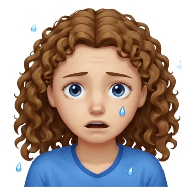 white young curly long hair girl, brown hair, with a blue shirt, in despair crying sticker