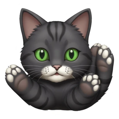 solid dark grey cat with green eyes, completely solid grey face, white toes/paws playing rolling upside down sticker