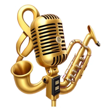Create a vibrant and expressive emoji representing jazz vocal performance. The design should feature a vintage microphone at the center, surrounded by musical notes and soundwaves flowing outward, symbolizing the vocal improvisation and fluidity of jazz. Include key instruments often associated with jazz vocals, such as a jazz piano (stylized black keys) in the background and a saxophone or trumpet, giving it a true jazz vibe. Add soft lighting effects to evoke the intimate, atmospheric feel of a jazz club. Use rich colors like gold, black, deep purple, and red to reflect the soulful, smooth nature of jazz. The background should be transparent. sticker
