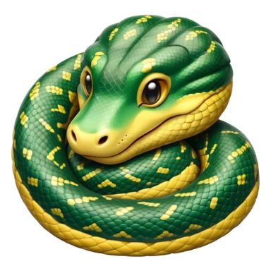 Meme-Worthy cute Sleeping Anaconda Portrait Emoji, Body coiled in a relaxed, peaceful slumber with a contented expression and softly closed eyes, showcasing intricately patterned scales and a serene demeanor, Simplified yet hilariously adorable features, highly detailed, glowing with a soft, drowsy jungle light, high shine, relaxed and utterly lovable, stylized with an air of playful laziness, bright and heartwarming, soft glowing outline, capturing the essence of a sleeping serpent that feels destined to become the next viral sensation of adorable rest! sticker