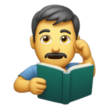 Puzzled man scratching head while holding a book sticker