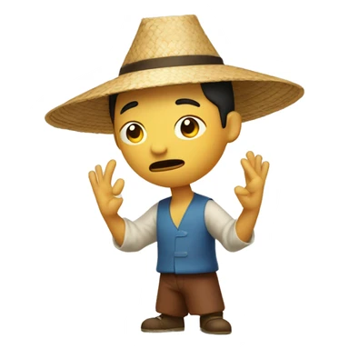 chinese man shrugging with his arms and he has a chinese straw hat sticker