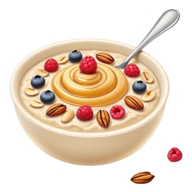 Cinematic creamy oatmeal, smooth texture with a swirl of honey on top, garnished with fresh berries and nuts, warm and comforting, cozy golden tones, rich and delicious. sticker