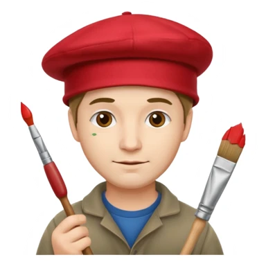 Thoughtful artist, adult man in a red hat with a paintbrush sticker