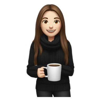 smiling woman with middle brown long straight hair and pale skin wearing black woolly shirt, black woolly scarf and holding a laptop on her left hand and coffee mug on her right hand sticker