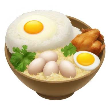 a bowl of rice with two eggs and two chicken thigh sticker