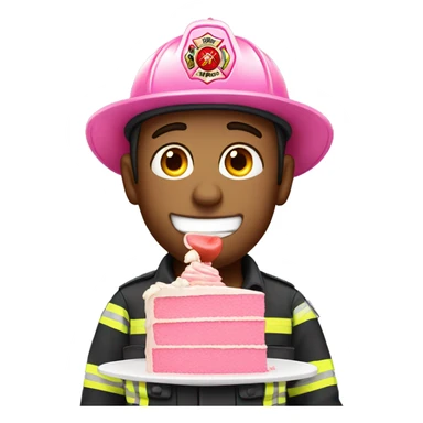 White male Firefighter eating pink birthday cake sticker