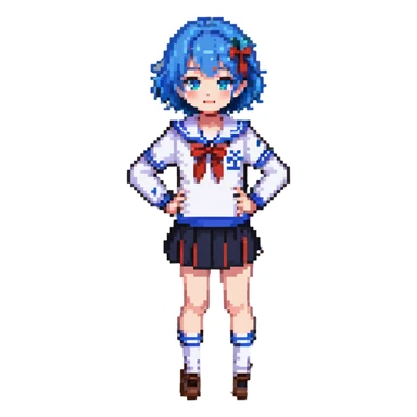 Pixel art anime girl with short bright blue hair wearing Japanese sailor style school uniform, trying to look confident with hand on hip but shyly waving with other hand, blushing cheeks and avoiding eye contact sticker