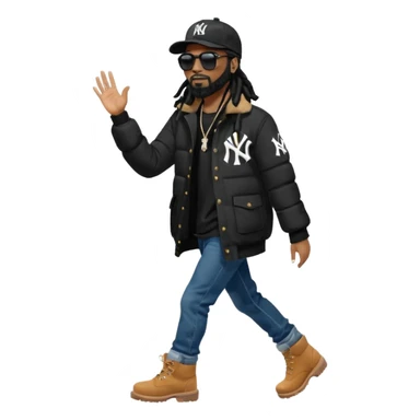 African American man with shoulder length black dreadlocks with black beard wearing black sunglasses wearing a black New York Yankees logo baseball cap wearing a black bubble winter coat with denim skinny jeans and timberland boots walking with hand up sticker