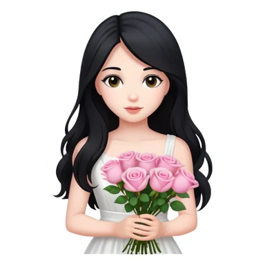 A beautiful girl with long black hair and a white dress is holding a bouquet of pink roses sticker
