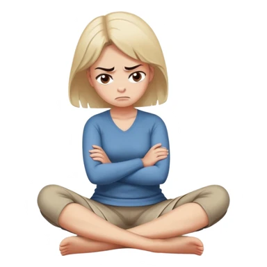 angry woman sitting cross-legged on floor with arms firmly crossed, face turned away, furrowed eyebrows and frowning expression, speech bubble ignored or crossed out nearby, back partially turned to conversation sticker