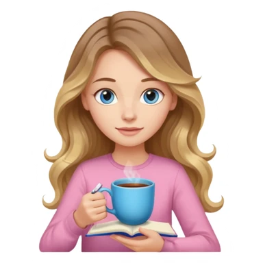 pretty female with long wavy brown hair with blonde highlights and blue eyes writing in a relaxed position in a pink journal with a cup of tea sticker