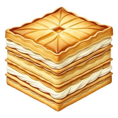 mille-feuille-cinematic-realistic-mille-feuille-dessert-emoji,-depicted-as-a-rectangular delicate-pastry-composed-of-two-crisp-layers-of-puff-pastry-with-a-rich-cream-filling,-rendered-with-intricate-textures-and-elegant,-soft-lighting. Please only show two layers only. sticker