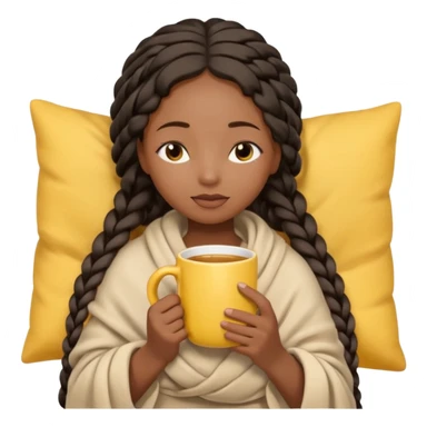 black girl with long braids, light bow in hair, wrapped in light beige blanket, eyes closed, holding a yellow mug, cozy cute emoji style sticker
