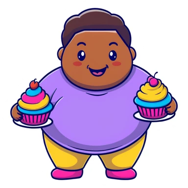 Extremely obese African American cartoon character with a very round face, smiling happily while holding colorful cupcakes sticker