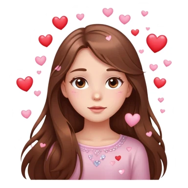 Girl with long brown hair blushing with sparkly eyes and little hearts floating around cartoon style delicate 🤩 sticker