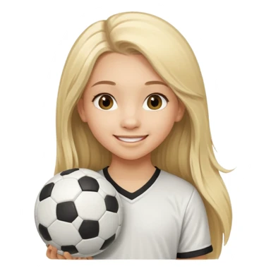 A girl with long light blonde hair with long eyelashes that looks around 13 years old with a soccer ball sticker