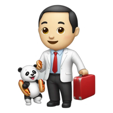 A professor with white suit and red tie and a panda face eating a hotdog and holding a black suitcase sticker