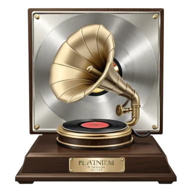 A platinum music award plaque: a square, polished platinum plate with a subtly textured, mirror-like finish, mounted on a simple dark wood base. The center features a relief of a vintage gramophone or stylized vinyl record in a slightly darker metallic tone.  sticker