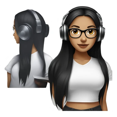 Fair skinned girl with brown eyes and long straight black hair with a black t shirt with glasses on with headphones on mixing on a dj mixer sticker