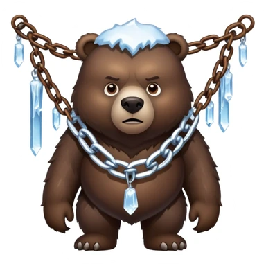 Intimidating dark brown bear on four legs with heavy ice chain around neck, frozen chain links with icicles, serious expression sticker