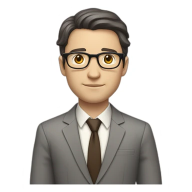 Full height Pale skinned Fit Man With dark brown hair in classic gray suit, beige office shirt, dark gray tie, and vintage glasses. His right hand is directed up sticker