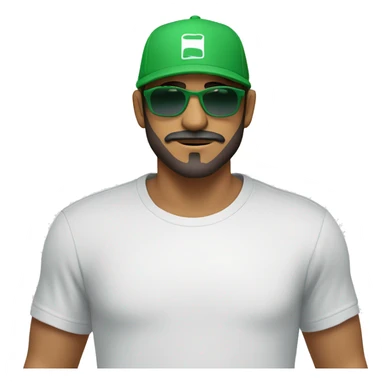 reate a young mixed-race man with a beard and moustache wearing an all-green cap and a white T-shirt. Add the supreme brand logo on the cap, brown eyes and a pair of sunglasses with blue glasses sticker