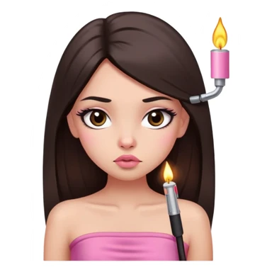 girl with lighter skin, dark brown long straight hair, pouty shiny lips without cupid's bow, large eyes, lighter button nose, long oval-shaped face, wearing a pink bandeau top with straight neckline sticker