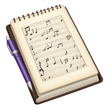 Create an emoji representing songwriting. The design should feature an open notebook or sheet music with visible lyrics and musical notes, symbolizing the process of writing song lyrics. A single pen or pencil should be placed near the notebook, indicating active writing. Use a harmonious color palette with warm and neutral tones. Do not include any emojis or smiley faces. Make the background transparent. sticker