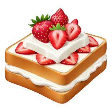 square toast topped with fluffy white cream, decorated with a strawberry bow made from two strawberry halves and a small sliced center, bright red and glossy sticker
